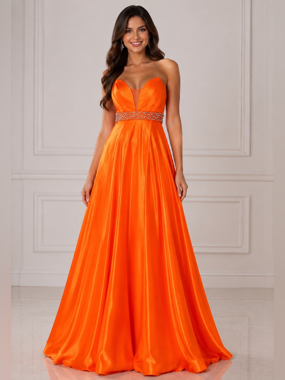 Vienna Prom Tangerine Strapless Satin Beaded Waist Wedding Guest Gala Gown NWOT